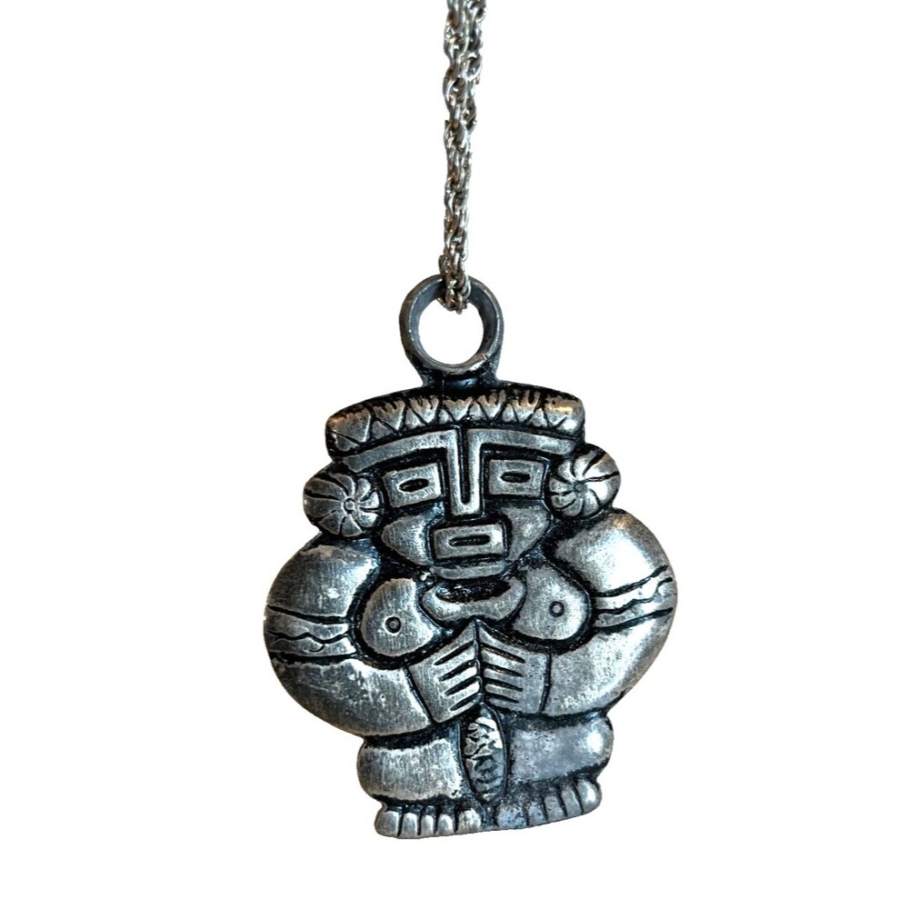 Mayan Aztec Pendant Stamped Centavos Silver Tone Necklace 24”